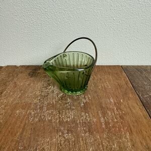 Vintage Hazel Atlas‎ Little Coal Bucket Ashtray With Handle Green Glass